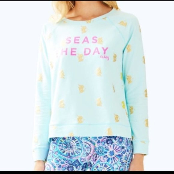 Lilly Pulitzer Braydon Pullover Pink Sunset Seas the Day Graphic Blue Size M NWT - Picture 3 of 9